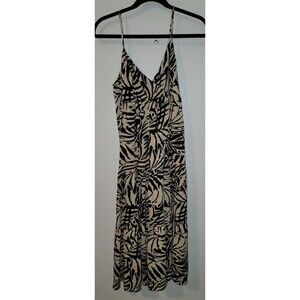 Patrons of Peace Women’s Black Beige Leaf Print Midi Dress Sz S Spaghetti Strap